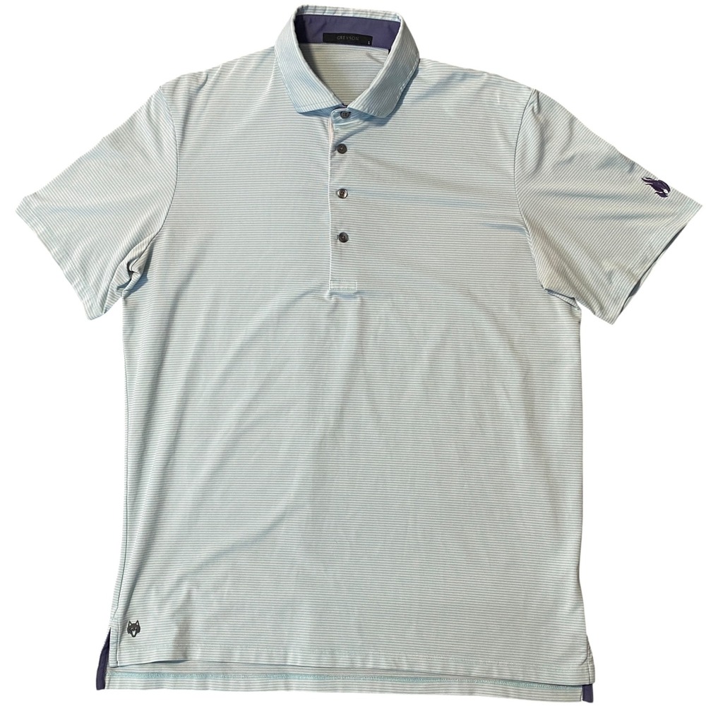 Greyson Mens Light Blue Striped Performance Golf Polo Shirt Wolf Logo Size L